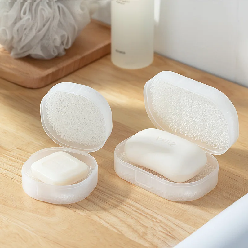 Portable Soap Box Frosted Transparent Soap Holder With Lid Travel Toilet Bathroom Soap Dish With Absorbent Sponge For Draining