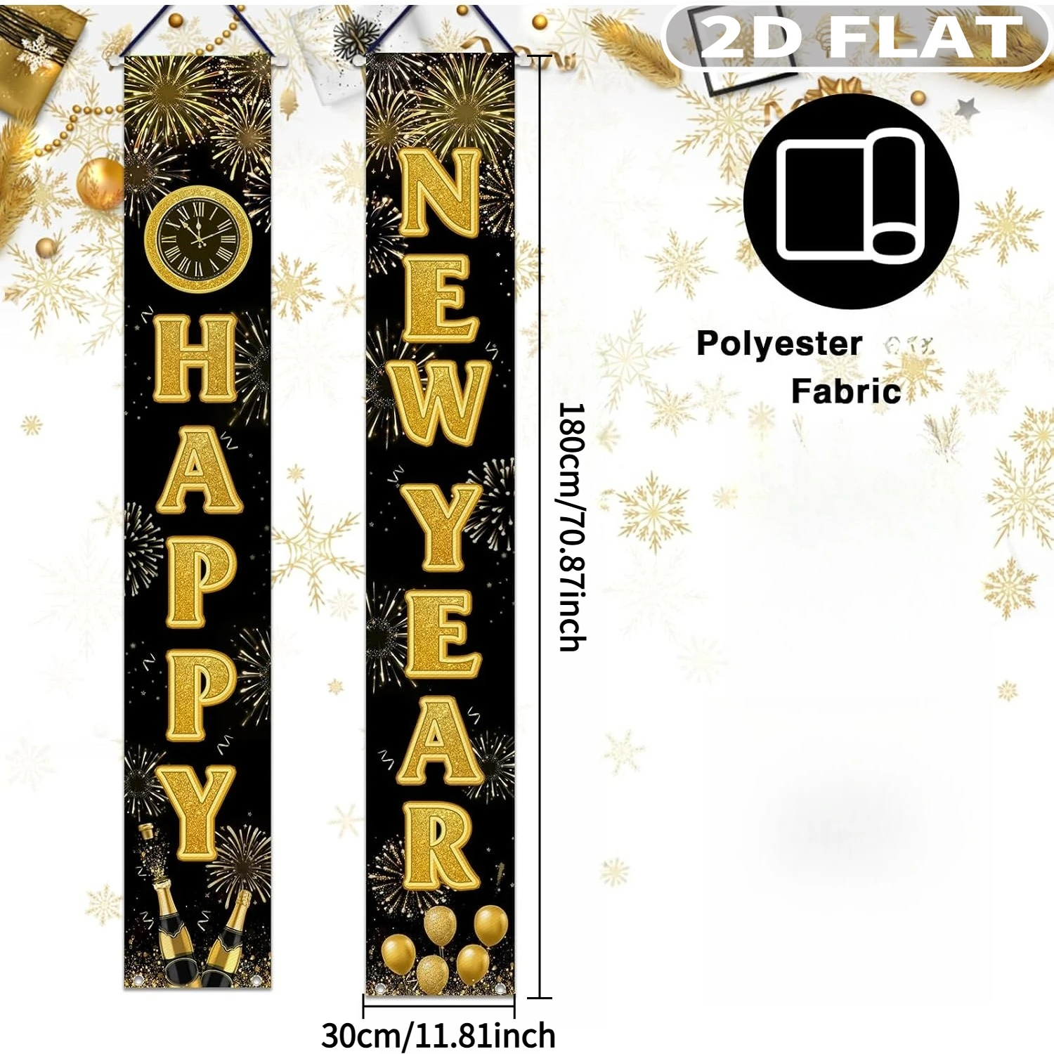 1pair Happy New Year 2026 Black Gold Porch Decorative Durable Polyester 72 x 12 Inches 'HAPPY NEW