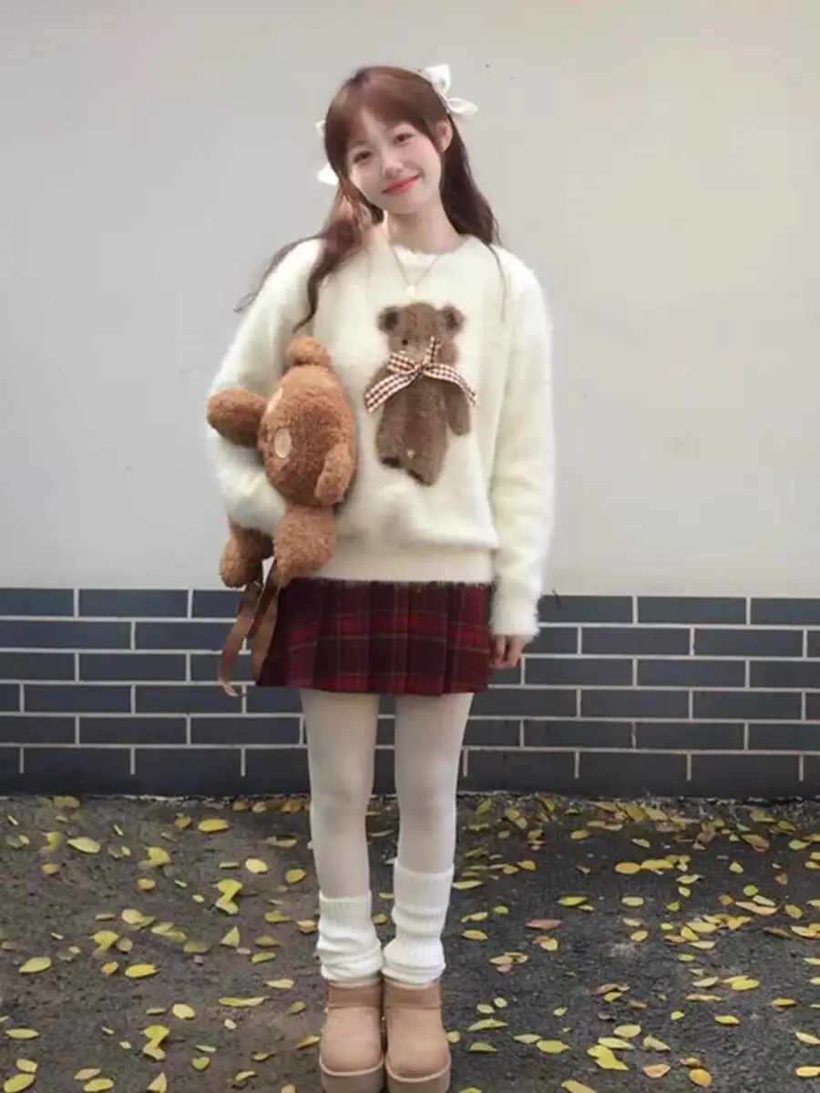 Sweet Soft Mohair Teddy Bear O-neck Sweater for Women Pullover Inner Layer Knit Sweater Autumn Winter Top Kawaii Streetwear