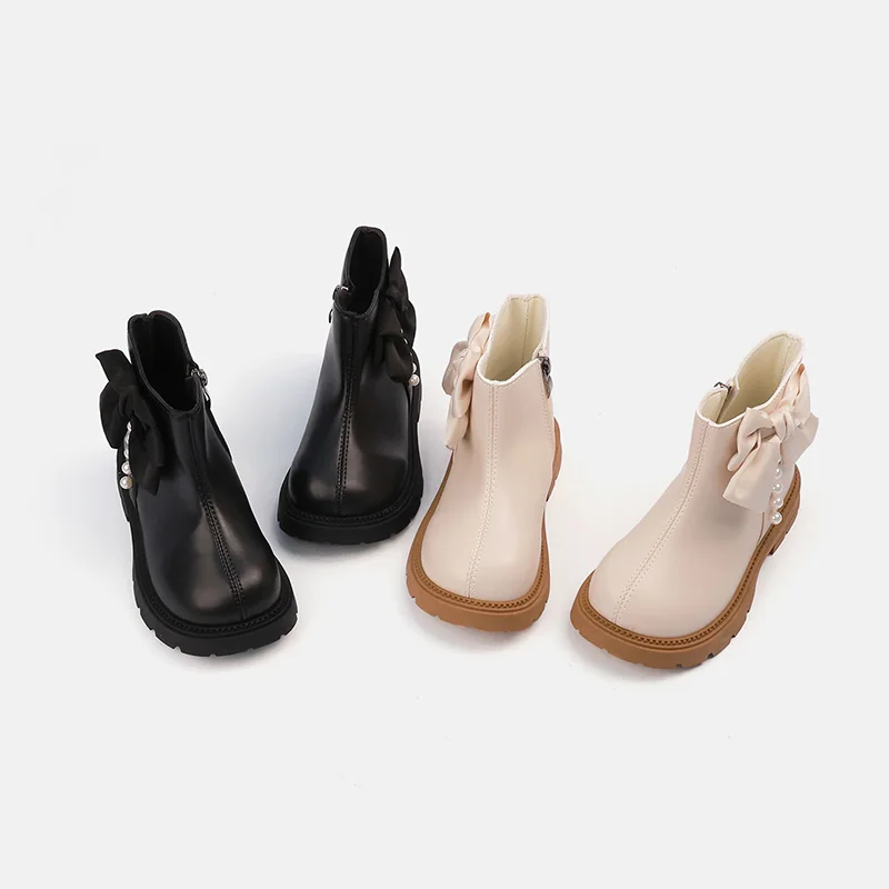 Little Girls Princess Ankle Boots, PU Side Bow Pearl Accent Inner Zipper Thick‑Sole Kids Boots