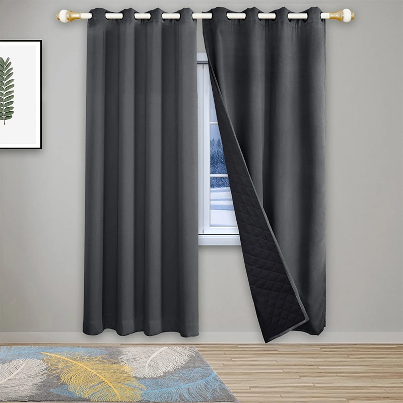 Cortinas cálidas de algodón con aislamiento térmico para invierno, 100% opacas, a prueba de sonido, con respaldo negro, a prueba de viento y frío