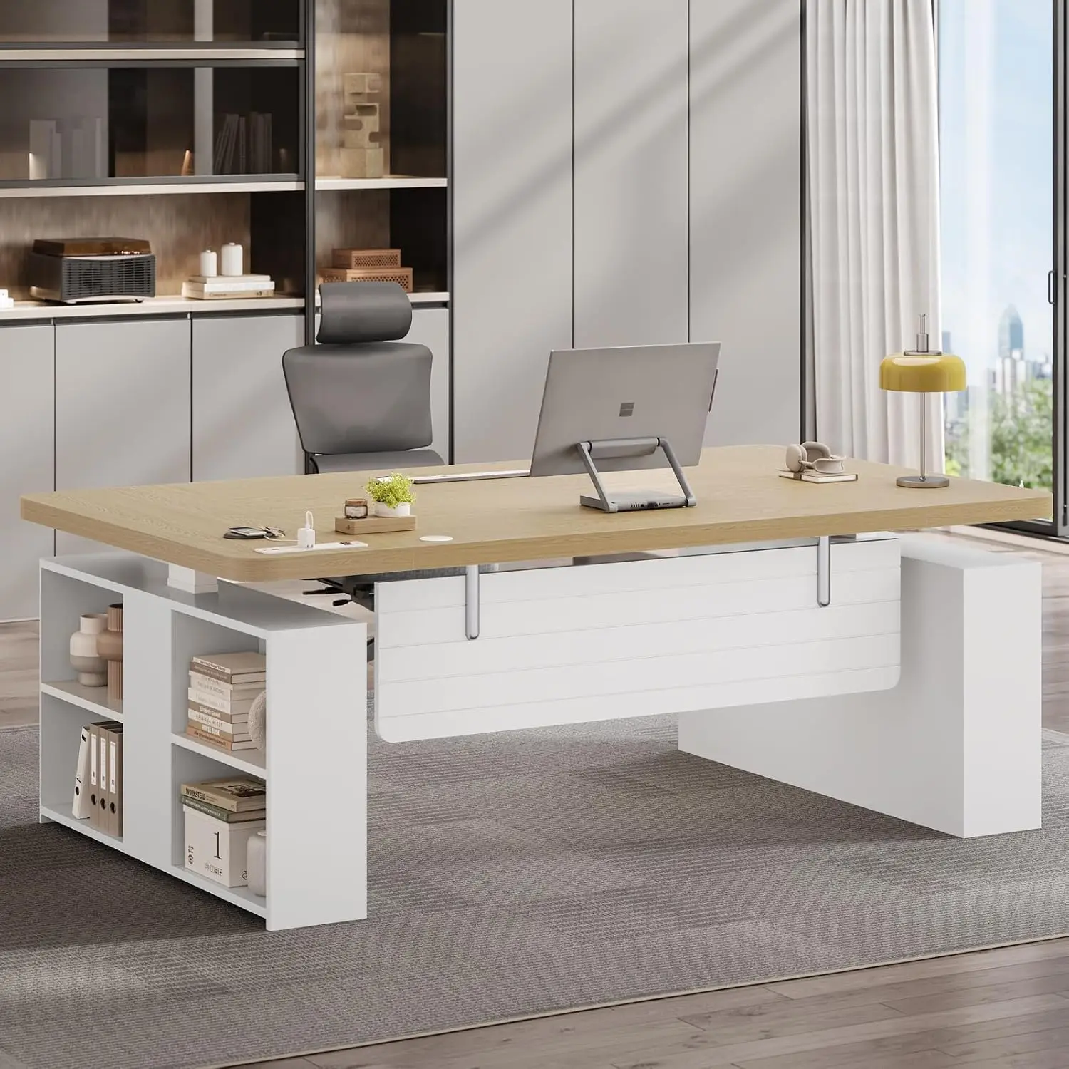 Executive Standing Desk with Storage & Power Outlets, Height Adjustable Computer Desk with Privacy Panel, 63