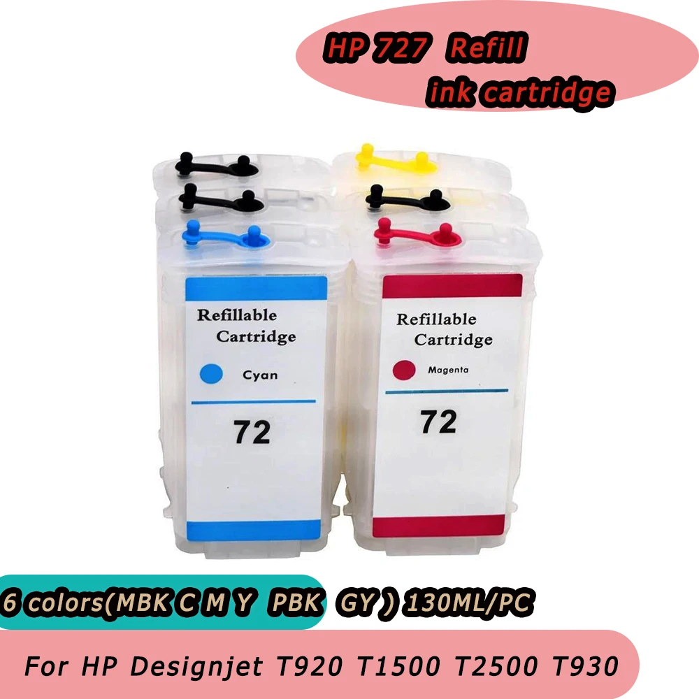 130ML or 280ML For HP727 Refillable Ink Cartridge With Chip For HP Designjet T920 T930 T1500 T1530 T2500 T2530 727 Printers