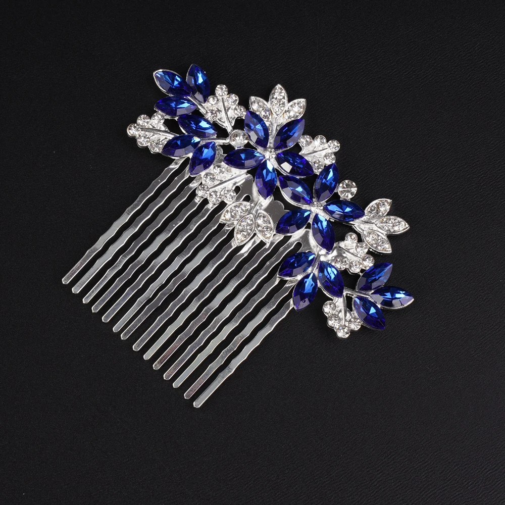 Blue & Lavender Rhinestone Flower Hair Comb With Cascading Crystal Strands Blue & Lavender Rhinestone Flower Hair Comb With Cascading  main image 2