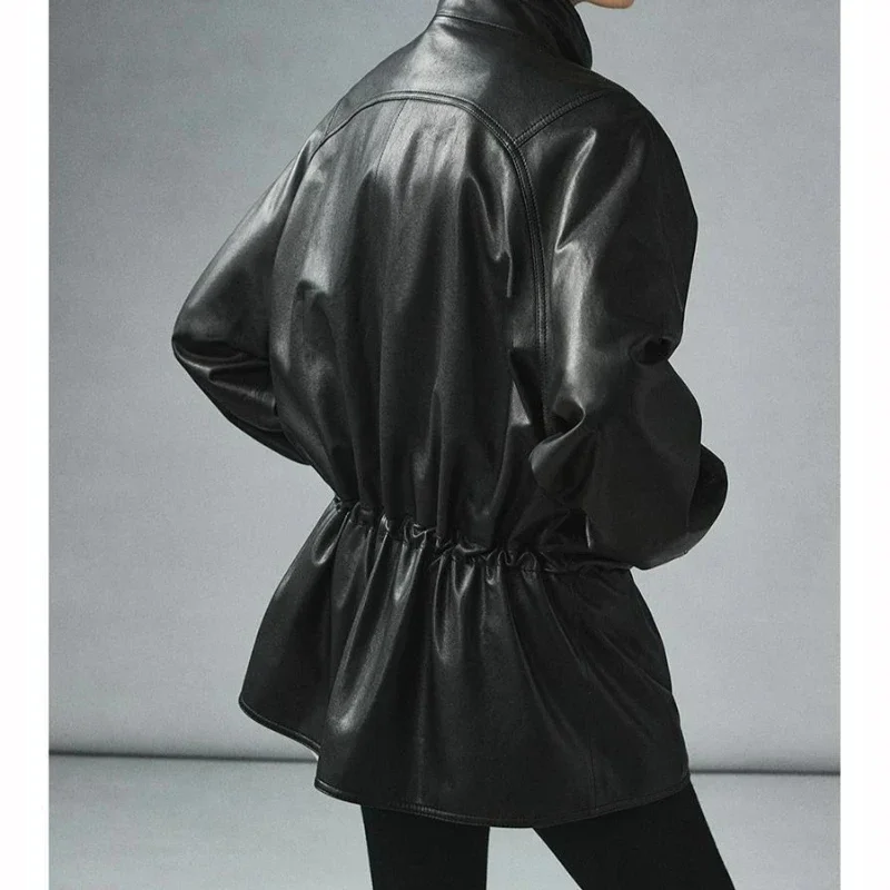 veste Spring and Autumn Double Collar Drawn Waist Leather Jacket Retro Medium Long Loose Skinny Leather Coat for Women
