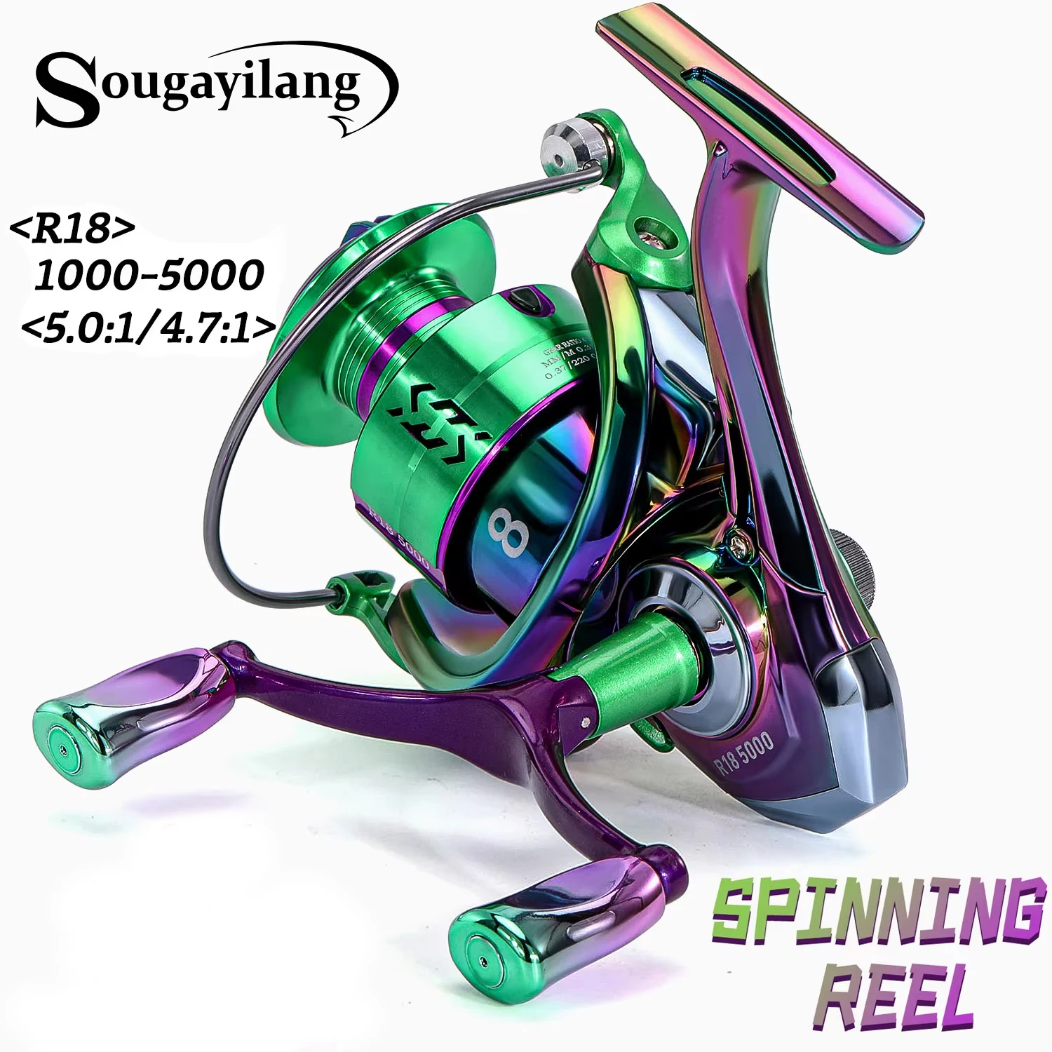 SOUGAYILANG-Moulinet Spinning 1000 séries 5000, équipement de pêche adapté à toutes les eaux de surface, rapport de vitesse 5.0:1, double bascule