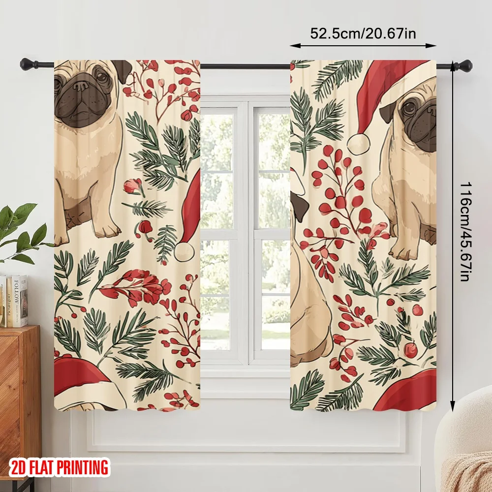 2pcs,2D plane printing Window Curtain Pug Tree Polyester Fabric (without rod) All Seasons Perfect for Living Room & Kitchen