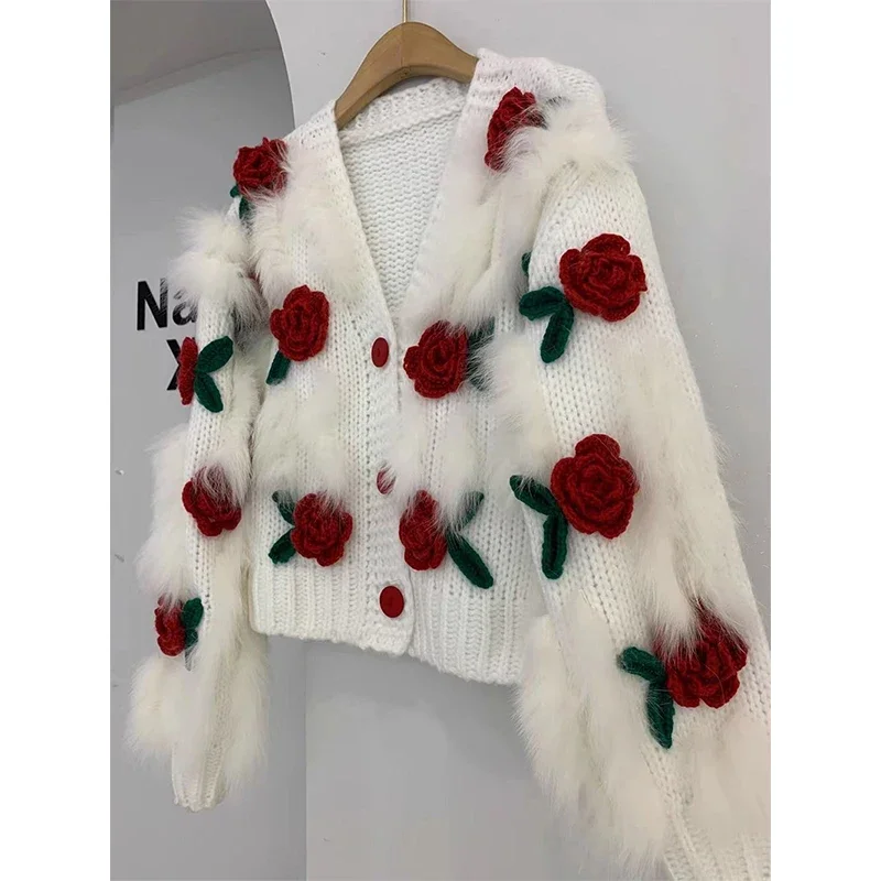 Harajuku Cropped Knitted Cardigan Women Y2K 3D Flower Sweater Coat Streetwear Oversized Knitwear Jacket Winter Jumpers Outwear