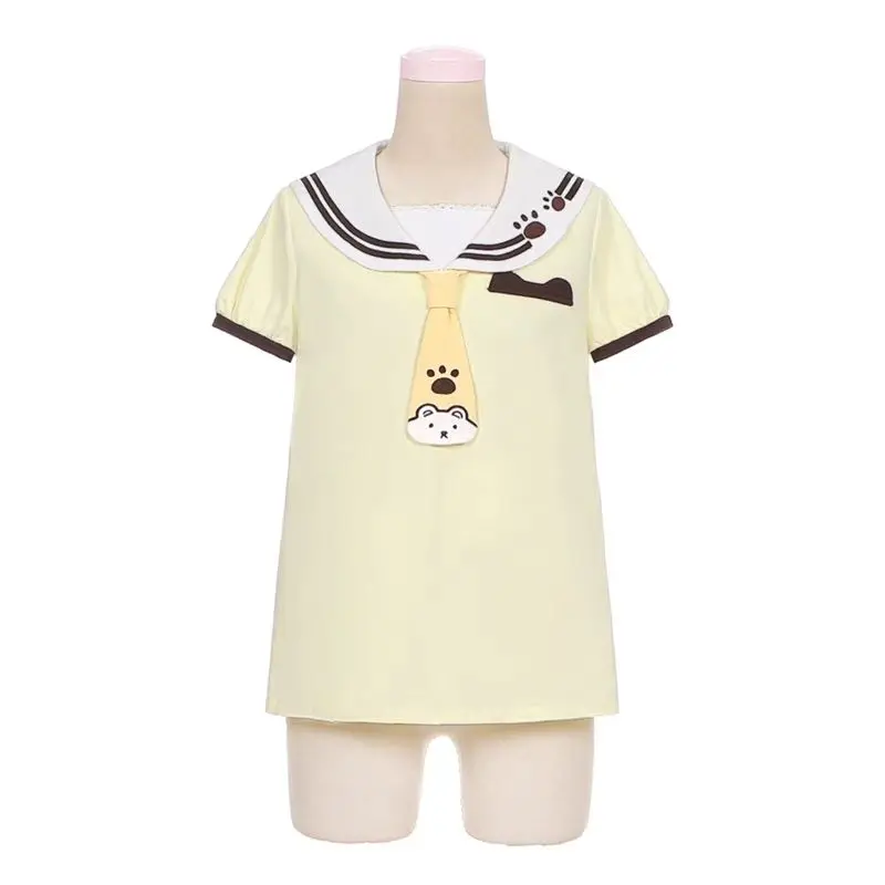 Japan Kawaii Lolita Style Skirt Set Women Sweet Little Bear Embroidery Short Sleeve T-shirts Suspender Skirts Suit Cute Sets