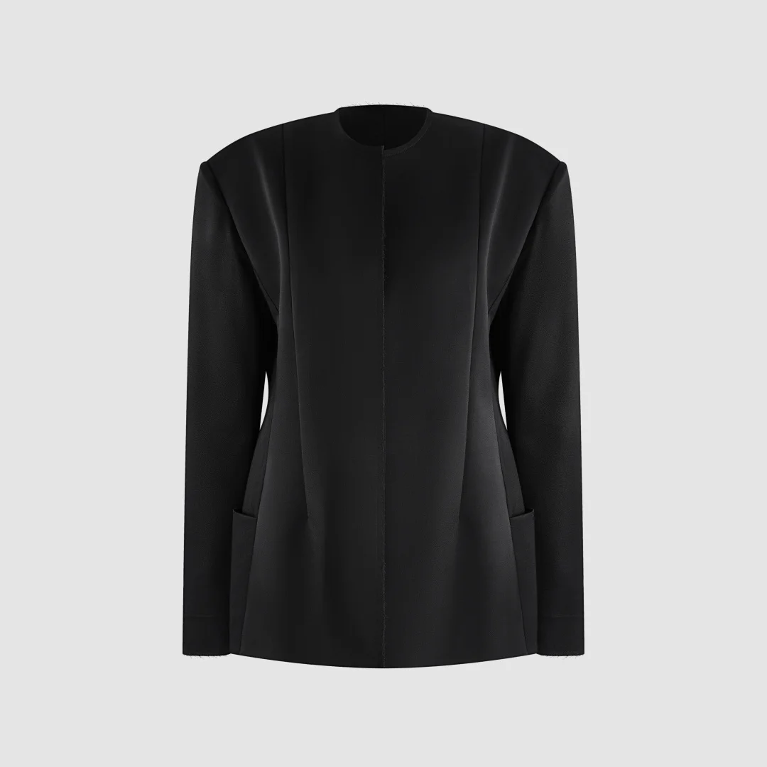 2026 Women's Black Structured Blazer Round Neck Cinched Waist Jacket Minimalist Architectural Suit Coat Long Sleeve Outerwear