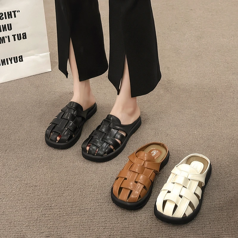 2024 Female Shoes Loafers Cover Toe Ladies\' Slippers Low Mules for Women Fretwork Heels New Flat Retro Rubber Slides Fabric