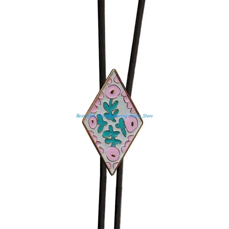 E56A Enamel Flower Bolo Tie Diamond Pendant Leather Necktie Adjustable Necklace