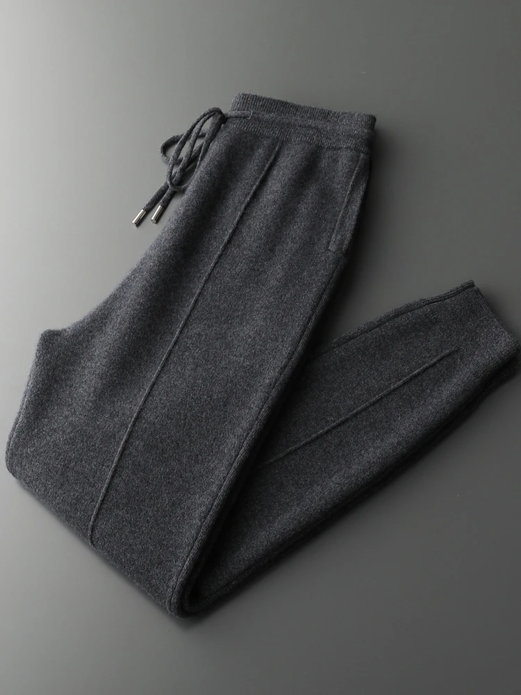 New High Quality Men's Thick Wool Pencil Pants Autumn Winter 100% Merino Wool Knitted Soft Warm Drawstring Casual Trousers