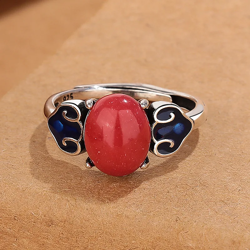 Silver Color Simulated South Red Luy Egg ape Ring Simple Faion mat Chinese Sle Creative Index Finger Ring
