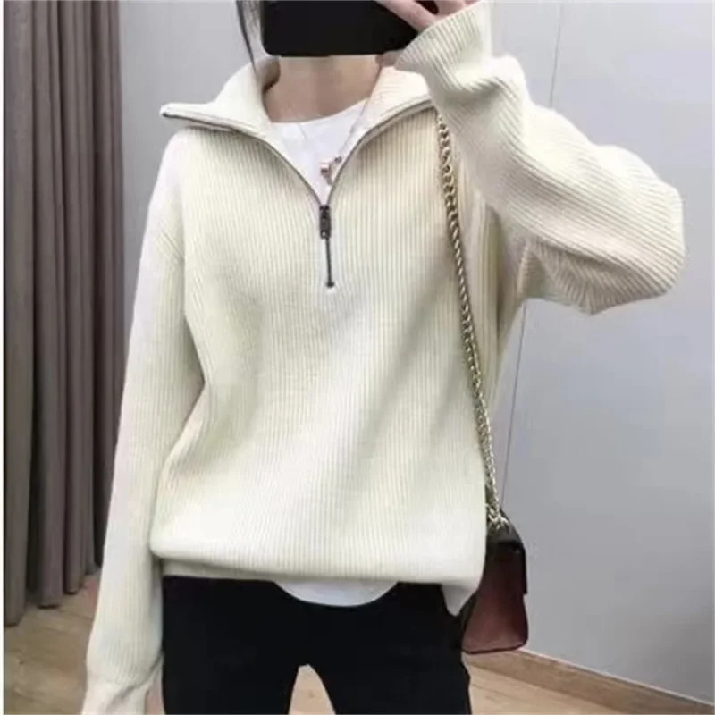 

Autumn Winter Women Sweater Oversize Zipper Knitted Tops Pullover Long Sleeve Solid Color Loose Women's Sweaters