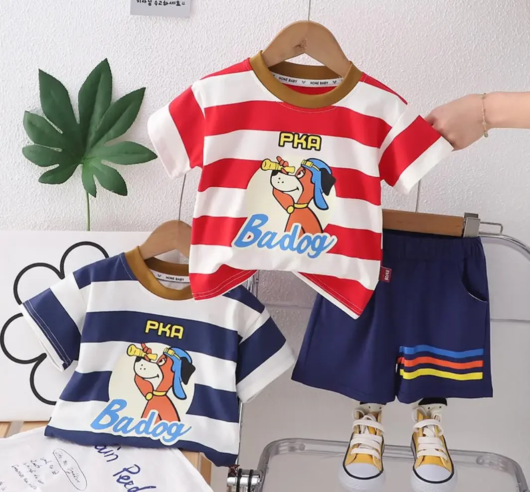 Baby Boys Summer Clothing 2024 Fashion Handsome Striped O-neck Short Sleeve T-shirts and Shorts Toddler Outfits Kids Bebe Sets