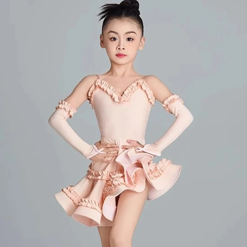 Kids Girls Spaghetti Strap Ruffles Latin Dance Bodysuit and Skirt Ballroom Rumba Dancewear Training Chacha Performance Costumes