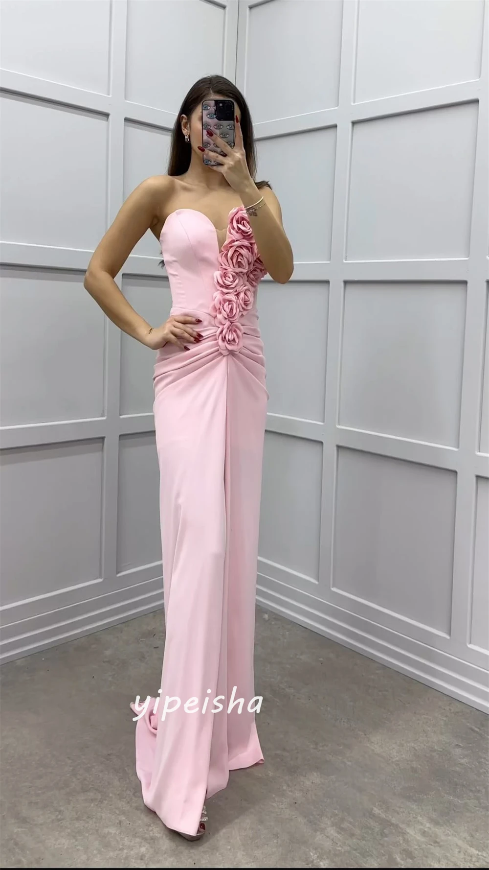    Satin Flower Pleat Valentine's Day A-line Strapless Bespoke Occasion  Floor Length