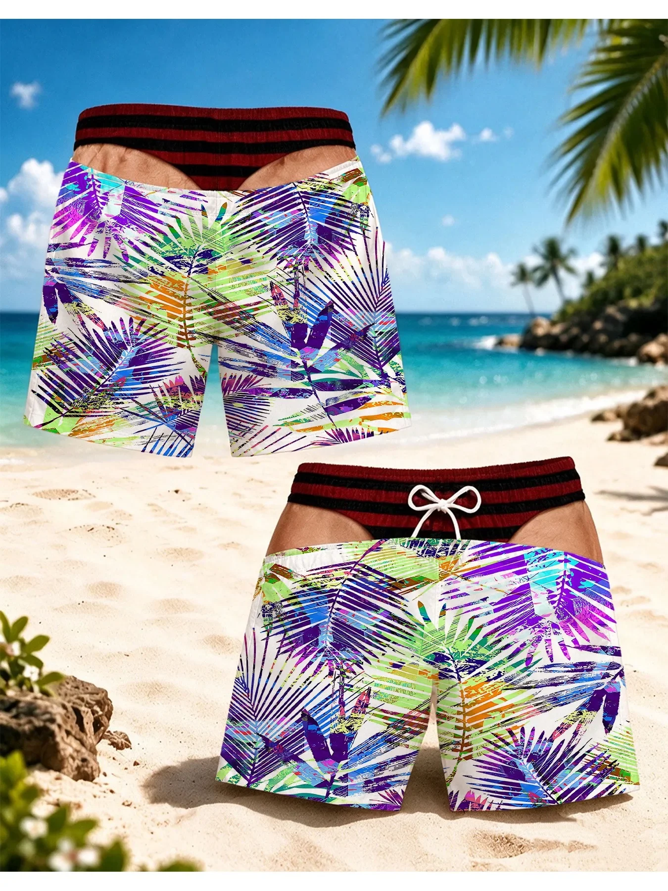 Funny Fake Bikini Waist Men Swim Trunks Colorful Sailboat Watercolor Print Quick Dry Drawstring Beach Shorts Summer Vacation Gag