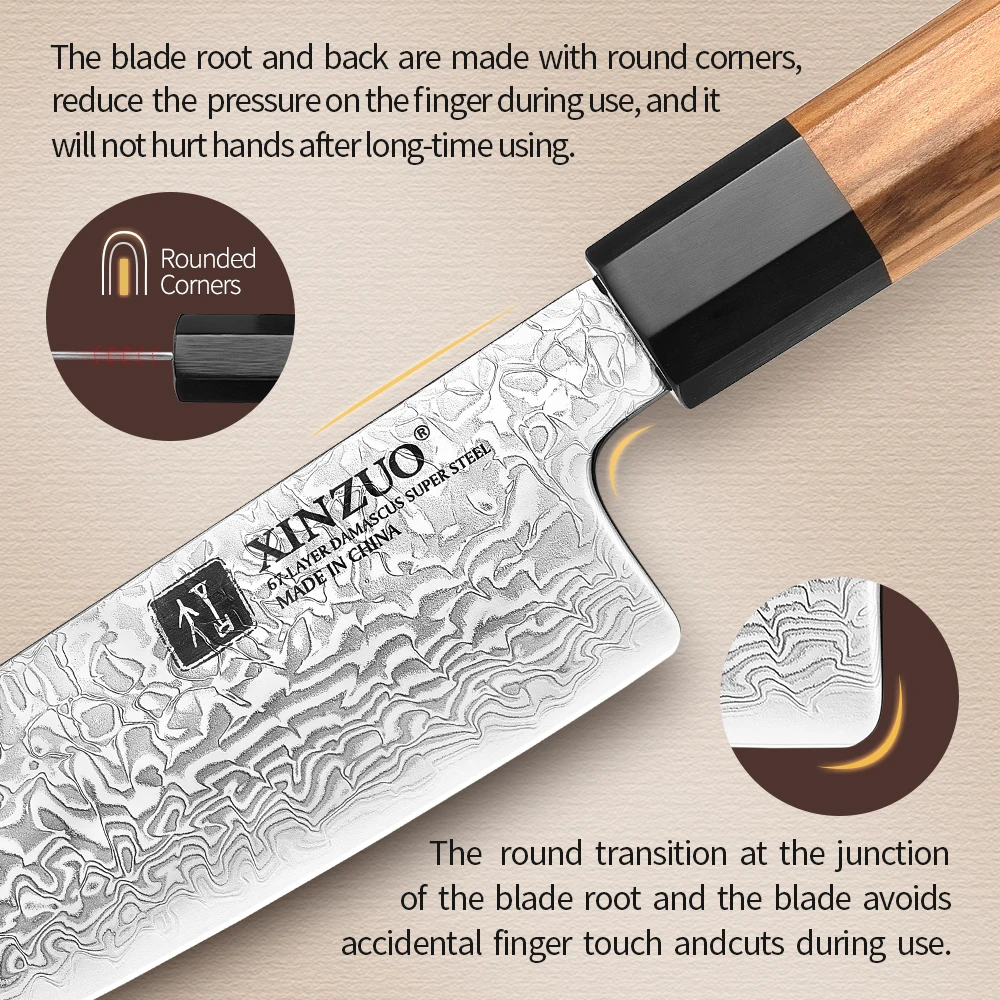 Imagem -04 - Xinzuo-estilo Japonês Santoku Faca Aço Damasco Faca de Cozinha Pro Madeira de Oliveira Preto Buffal Horn Handle 73