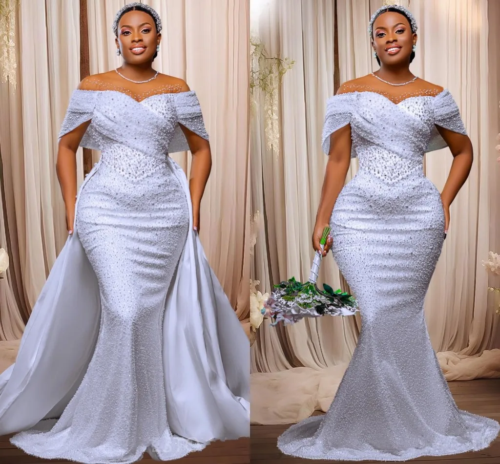 Moderno sereia vestido de casamento sheer neck lantejoulas rendas frisado pérolas trem destacável vestido de noiva novo estilo vestidos de novias