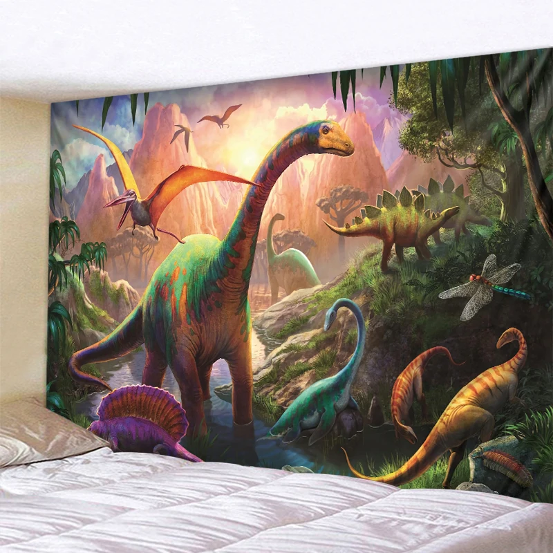 Dinosaur World Print Tapestry Wall Hanging Psychedelic Decorative Wall Carpet Bed Sheet Bohemian Hippie Home Decor Couch