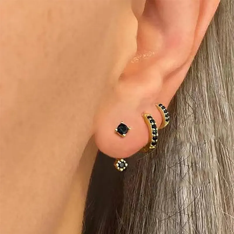 3 Pcs Turquoise Mini Earrings Set Gold Color New Design Hoop Earrings Cute Luxury Jewelry Gift Set Black Color Stones Options