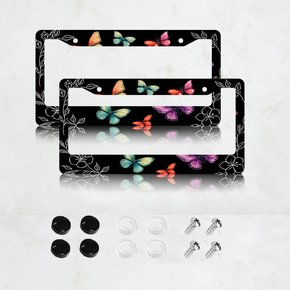 

Рамка для номерного знака с красочными бабочками и цветочным орнаментом - черный держатель для автомобильного номера в стиле бохо