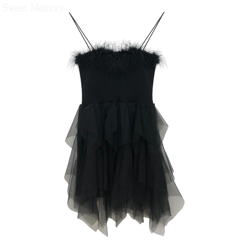 J054-vestido de cóctel corto para mujer, traje Sexy de malla de tul con corte en A, color negro, con tirantes de piel esponjosa, para fiesta de graduación, 2023