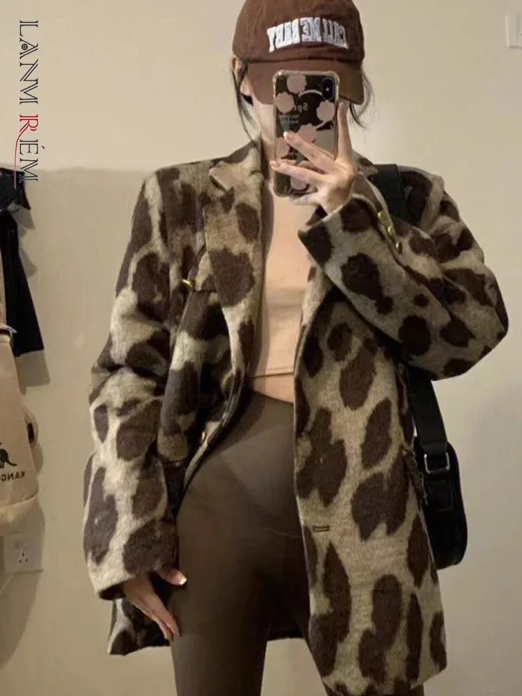 LANMREM Leopard Patterned Blazer For Women Tweed Woolen Jacket Coffee Suit Loose Coat 2025 Spring New Office Lady 2DB1813