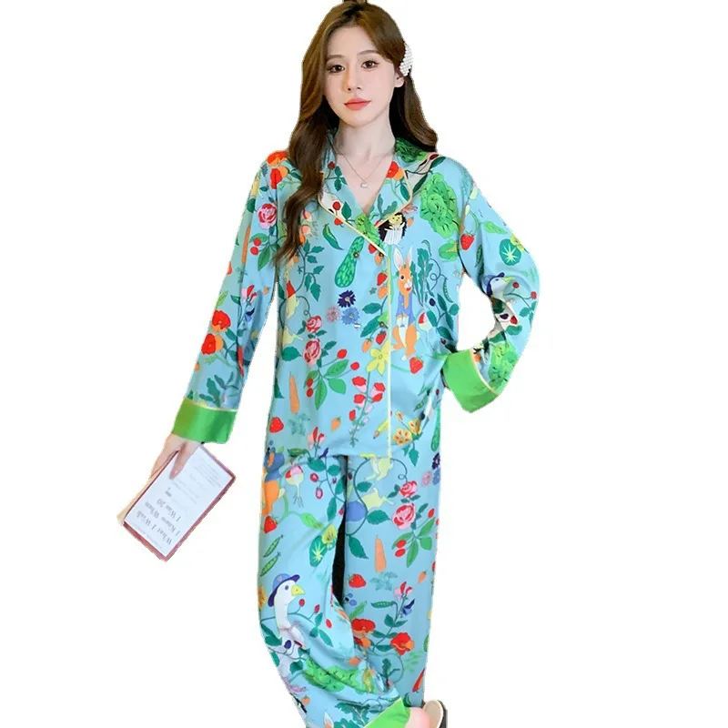 Satin Women\'s Pajamas Set Print Silk Like Homewear Long Sleeves Pants Sleepwear Elegant 2 Pcs Nightwear Female Leisure Home Suit