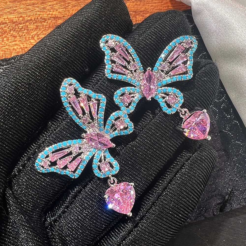 Y2K Butterfly Drop Earrings Blue Pink Cubic Zirconia Dangle Earrings for Women Wing Statement Jewelry Fairy Party Accessories