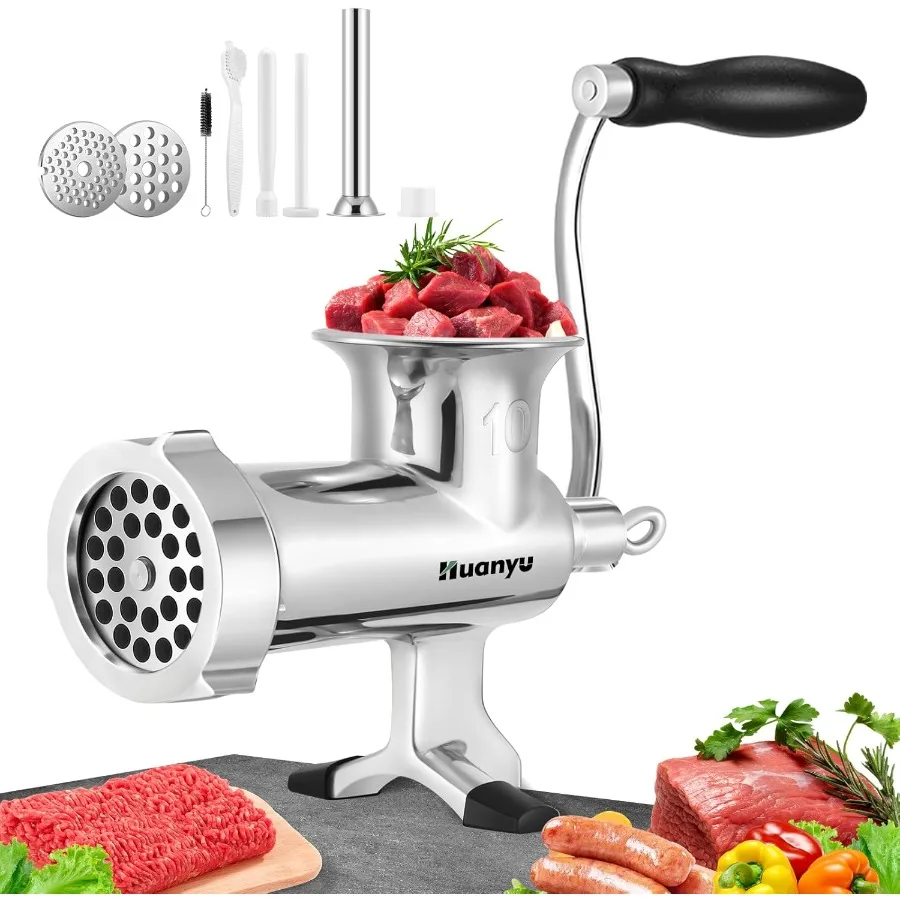 Manual Meat Grinder with Heavy Duty Stainless Steel Hand Crank Mechanism for Processing Sausages Ground Meat Chicken Beef and S