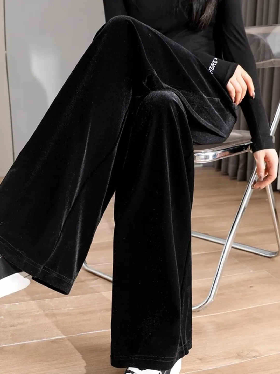 

Gold Velvet Wide Leg Pants Women's Autumn Winter Slim Straight Small Size Fce Lined Drapey Casual Sports Leisure Pants