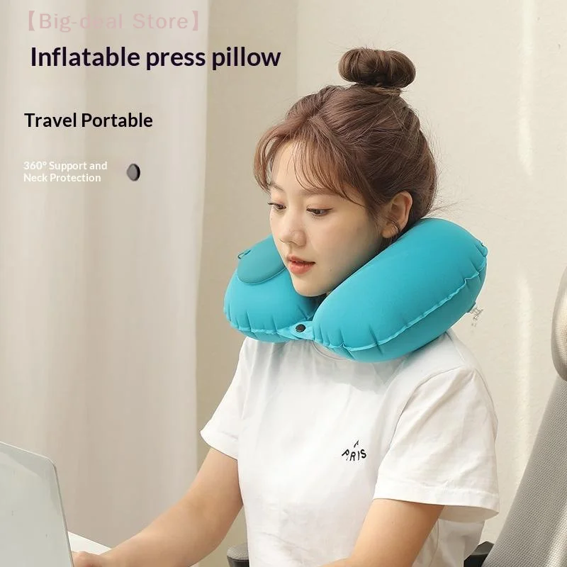 【M】Flocking Inflatable Portable Neck Pillow with Self-Filling, Can Be Stored, Suitable for Outdoor Travel Business Trips Camping
