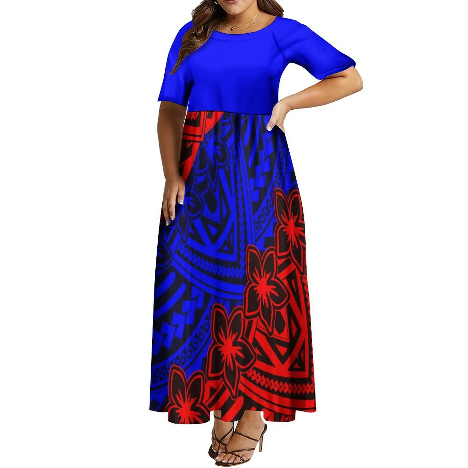 Samoan-traje de pareja de estilo isla polinesiano para mujer, elegante vestido de manga corta combinado con camisa Aloha para hombre