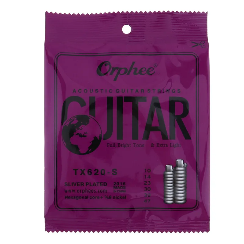 Orphee 6Pcs/Set Acoustic Guitar Strings Special Silver Plated Anti-Rust Hexagonal Core+8% Nickel Extra Light TX620-S