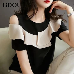 Summer Fashion Elegant Ruffles Off the Shoulder Pullover Chiffon Shirt Lady Short Sleeve Temperament Top Women Patchwork Blouse