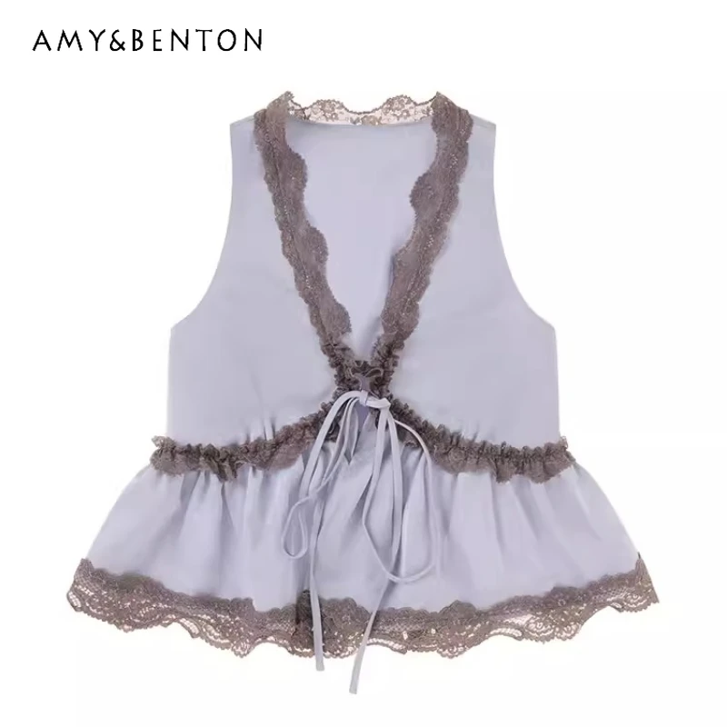 

Retro Design Blue Lace Splicing V-neck Wide Shoulder Strap Women's Sling 2026 Summer New Sexy Lace-up Sleeveless Tank Top Ladies