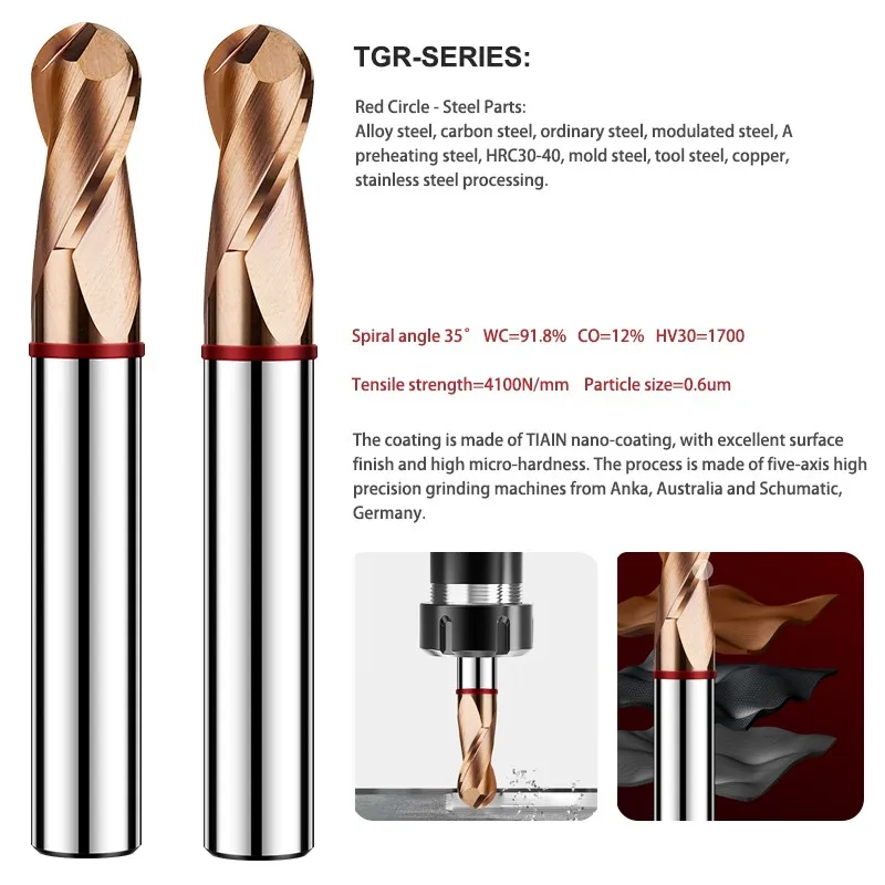 AZZKOR-Carboneto De Aço De Tungstênio Fresa, Círculo Bola Nariz Fim Moinho, CNC Usinagem Endmills Ferramentas, TGR-HRC55 2F
