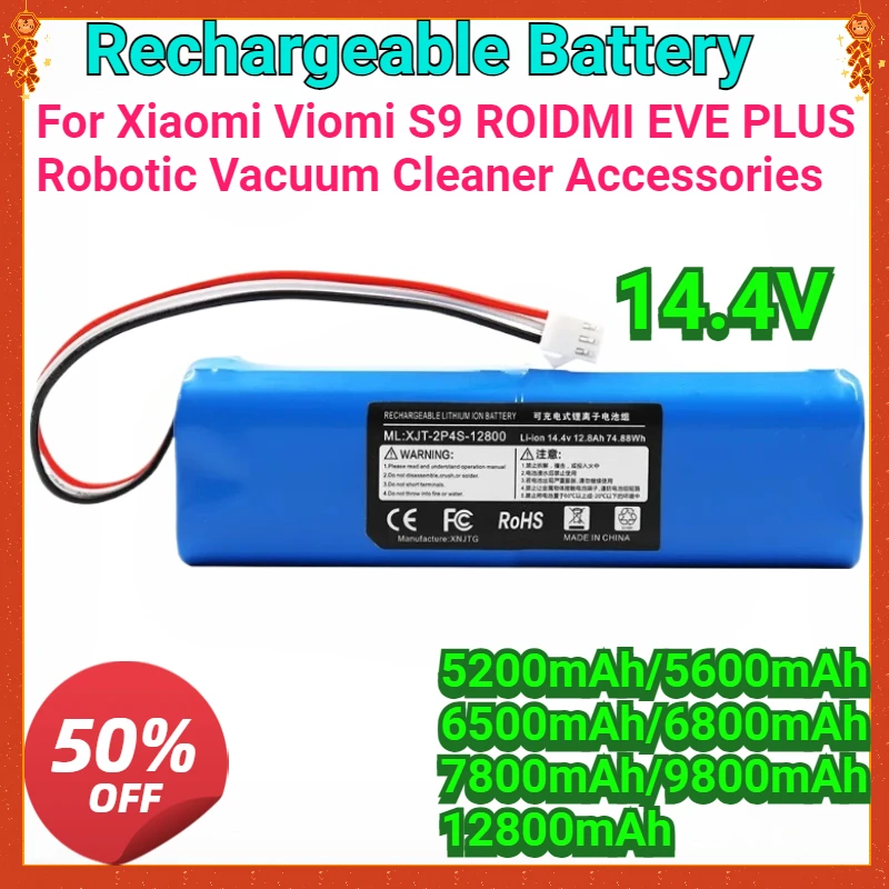 

New 14.4V 5200mAh Li ion Rechargeable Battery Pack for Xiaomi Viomi S9 ROIDMI EVE PLUS Robotic Vacuum Cleaner Accessories