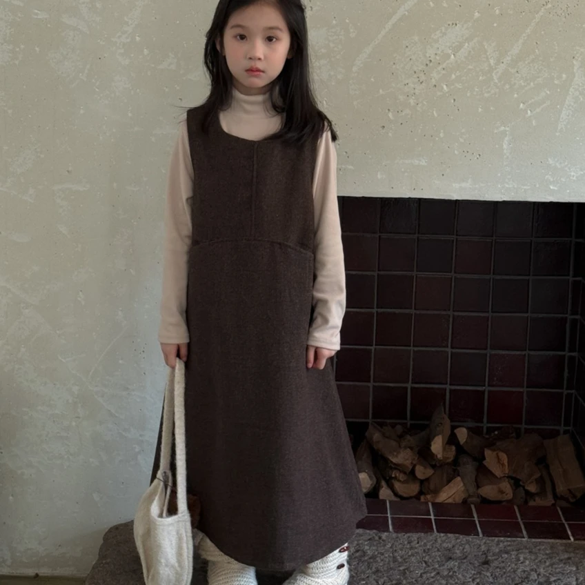 

Girls Skirt 2025 Autumn and Winter New Childrens Clothing Korean Style Girls Baby Woolen Thin Belt All Match Sundress