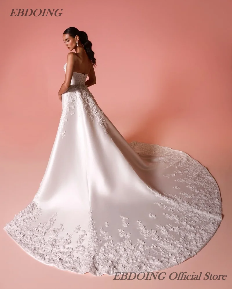 EBDOING Customized Wedding Dress Mermaid Satin 2 In 1 Boat Neck Neckline Sleeveless With Detachable Train Bride Gowns