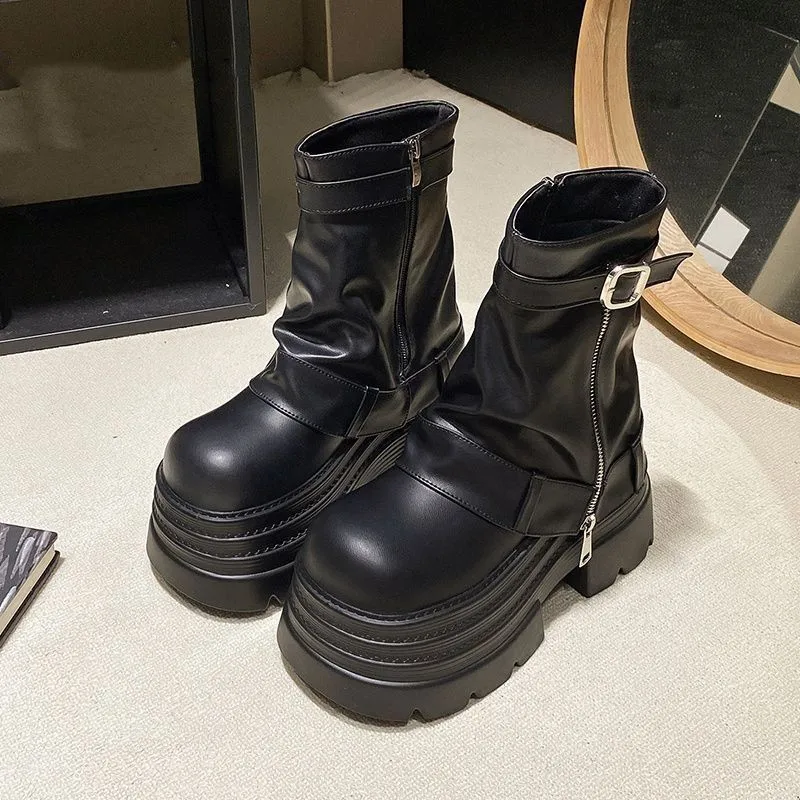 2026 New Winter Women Black Ruched Platform Ankle Boots Round Toe Metal Buckle Side Zipper Stacked Sole Goth Punk Fashion - view 3