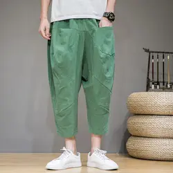 2024 Summer Men's Flax Capri Pants Chinese Style Loose Thin Style Wide Leg Cropped Pants Youth Large Size Casual All-match Pants