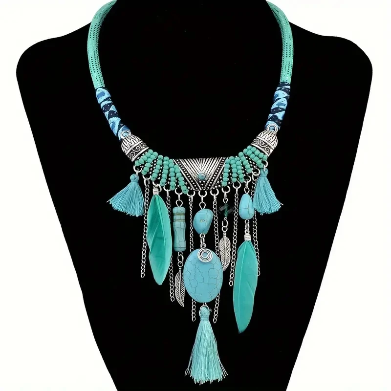 Vintage Ethnic Chic Turquoise Feather Pendant Necklace for Women Indian Tribe Bohemian Rope Necklaces Jewelry Party Accessories