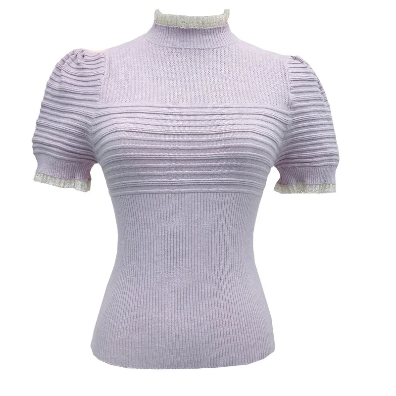 8047 Koronkowa Bluzka Letnia Nowa w Stylu Hong Kongu z Półgolfem, Bufiastymi Rękawami, Wycięciami i Efektem Wyszczuplającym w Talii, Dzianinowa z Krótkim Rękawem