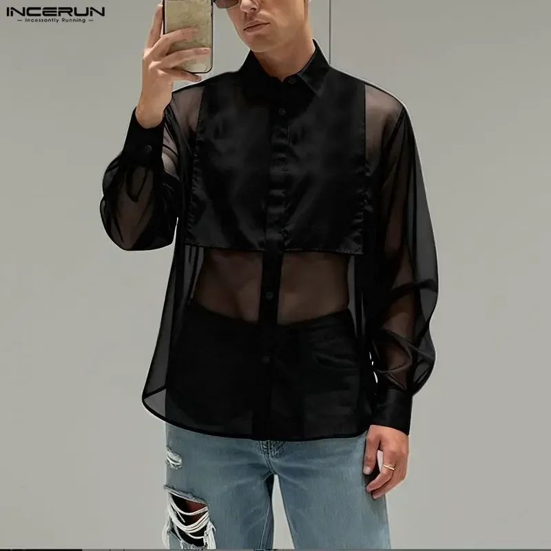 INCERUN Men Shirt Mesh Patchwork See Through Lapel Long Sleeve Men Clothing Streetwear Sexy Loose Fashion Casual Tops Camisas