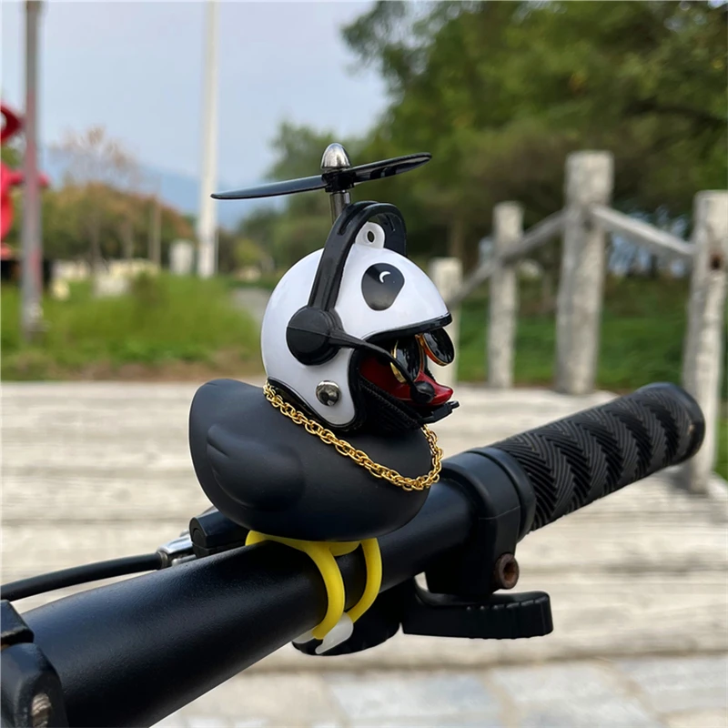 Duck Car Ornaments, Black Duck Car Dashboard Decorations Squeeze Duck Bicycle Horns with Propeller Helmet for Sport Outdoor 