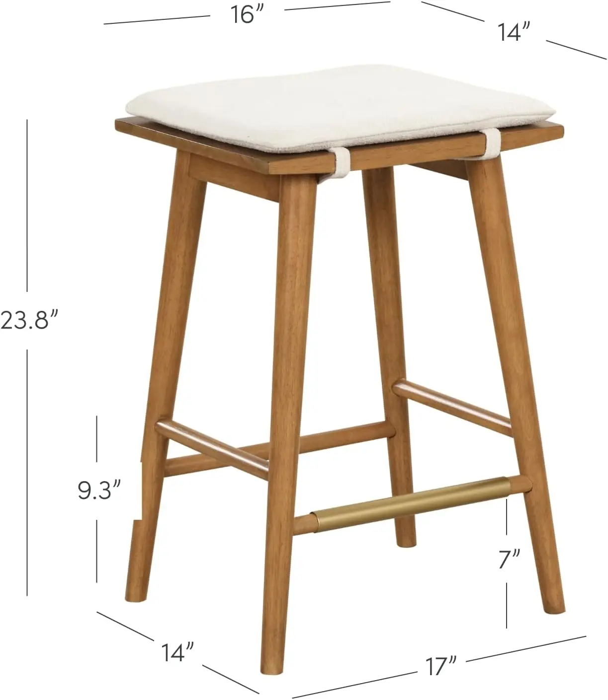 Nathan James Barker Counter Height Solid Wood Barstool With Upholstered Cushion, Backless Island Stool With Rubberwood Legs And